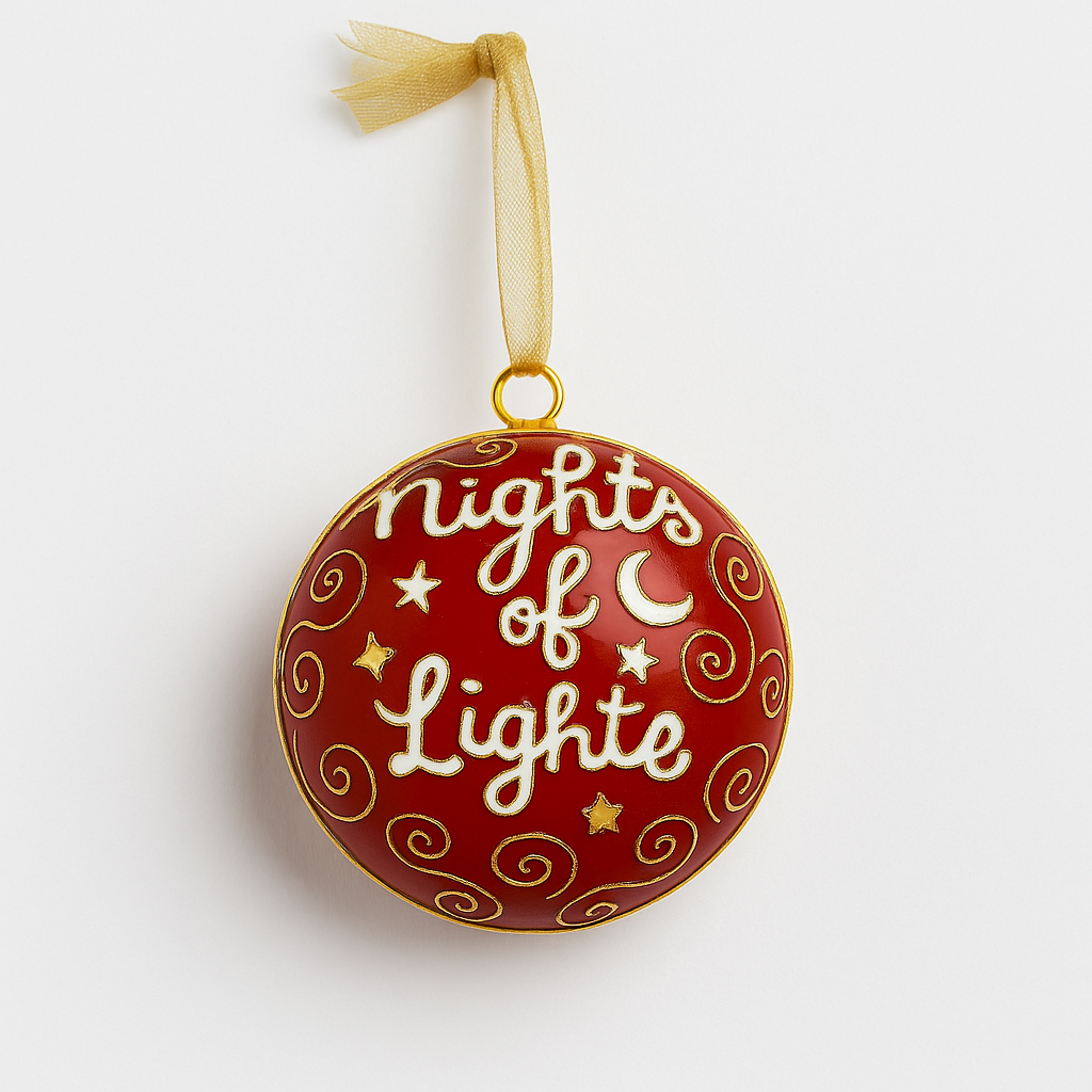 Red cloisonné glass ornament with gold swirls, stars, moon, and “Nights of Lights” script, accented with a gold ribbon, photographed on a clean white background.