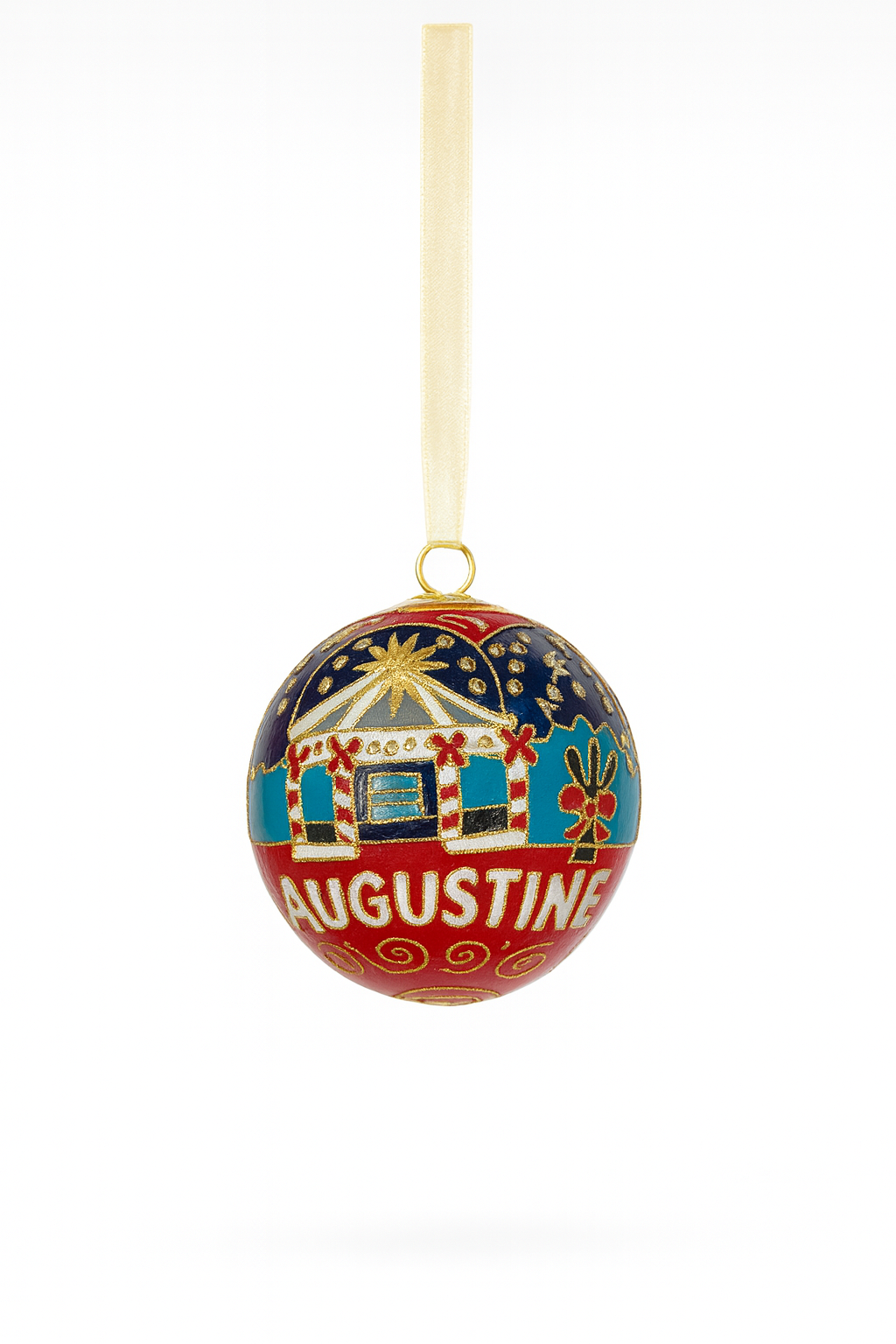 Decorative Christmas ball ornament with 'Augustine' text on a white background