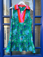Green & Blue Floral Sleeveless Ruffle Hem Dress with Pink & Orange Collar - Artsy Abode