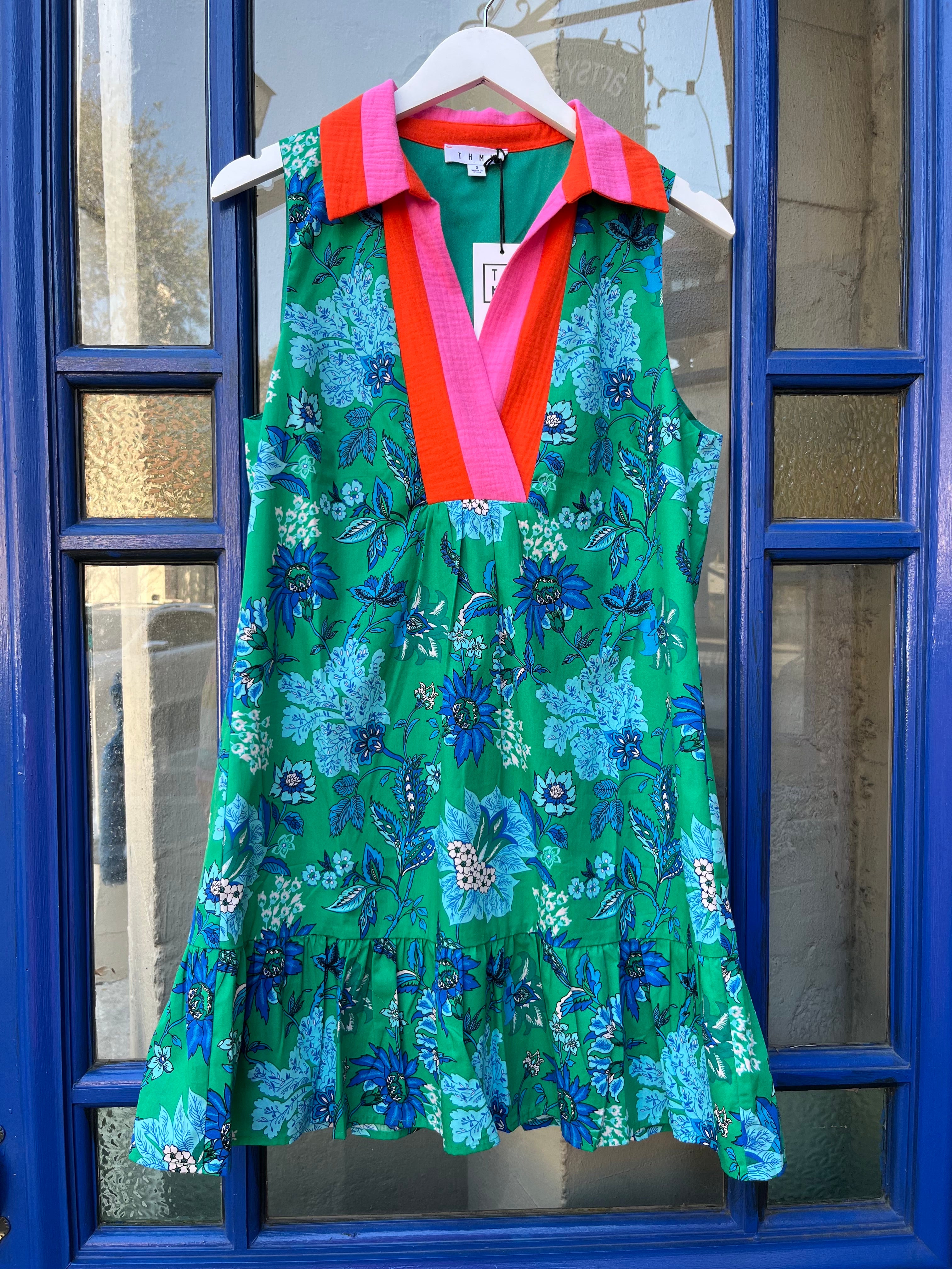 Green & Blue Floral Sleeveless Ruffle Hem Dress with Pink & Orange Collar - Artsy Abode