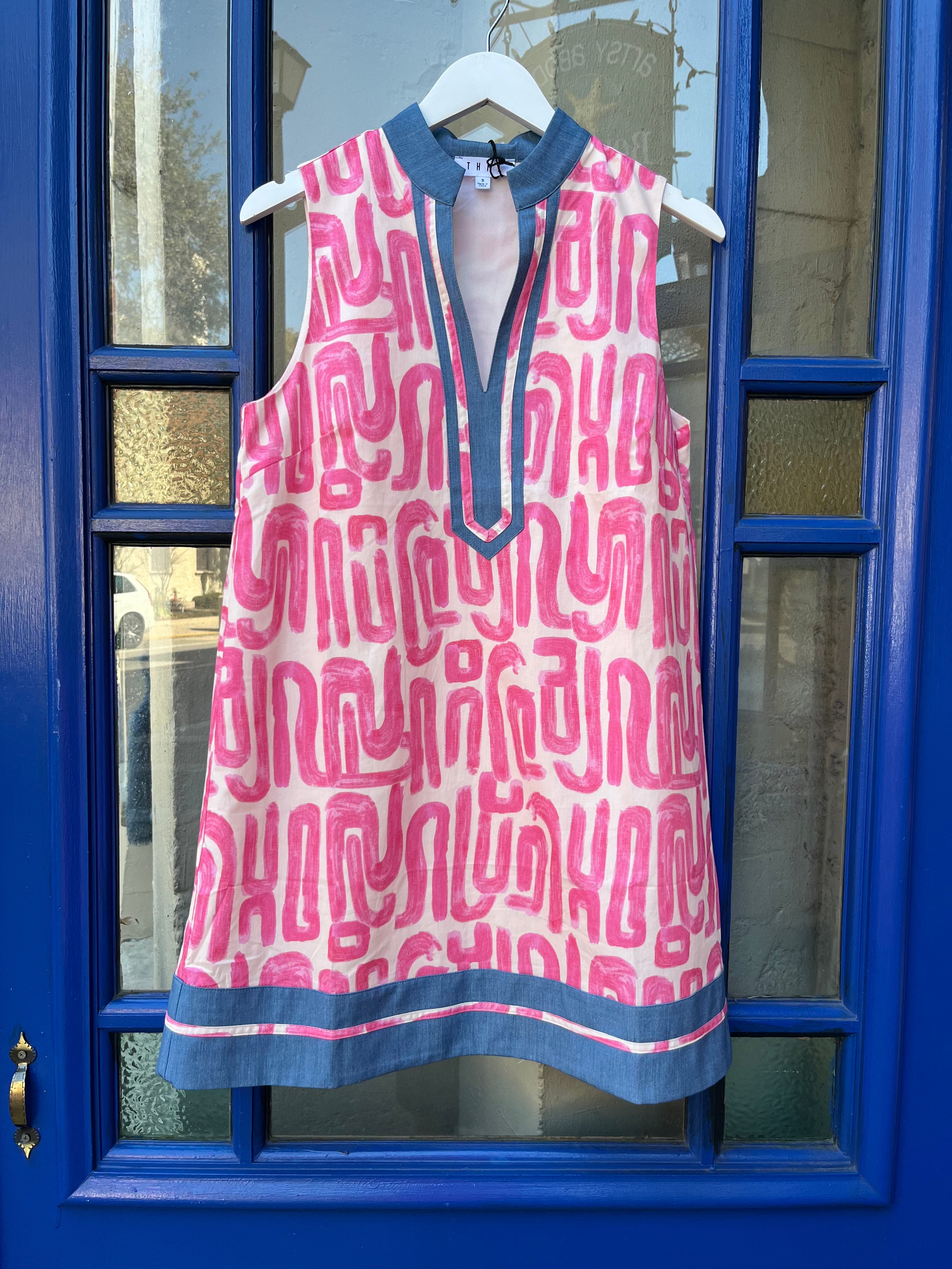 Pink Geo Print Sleeveless Split-Neck Dress with Blue Trim - Artsy Abode