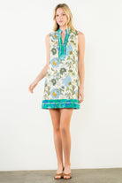 Ivory & Blue Floral Sleeveless Split-Neck Dress with Green Border Hem - Artsy Abode