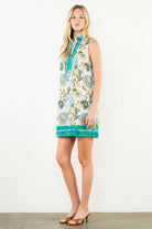 Ivory & Blue Floral Sleeveless Split-Neck Dress with Green Border Hem - Artsy Abode