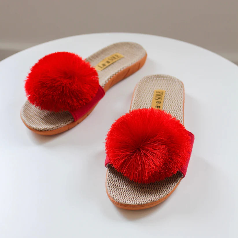 Red Pom Pom Slide Sandals with oversized pom pom and casual summer style