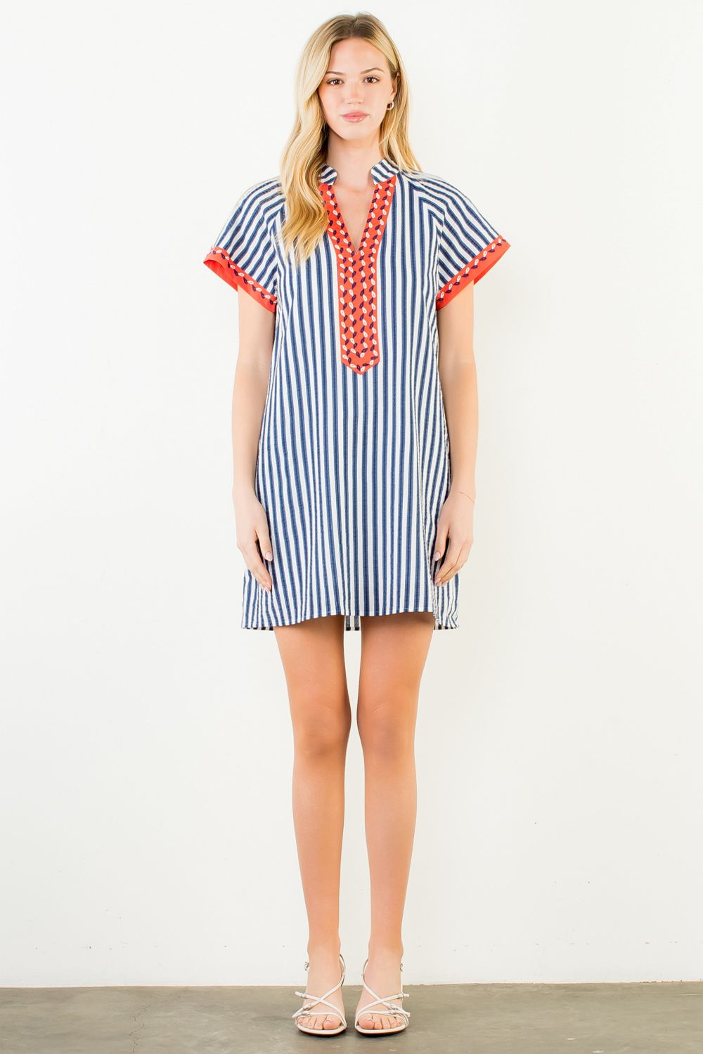 Navy Stripe Dress with Orange Contrast Placket - Artsy Abode