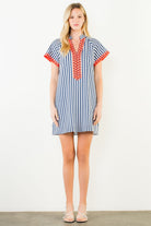 Navy Stripe Dress with Orange Contrast Placket - Artsy Abode