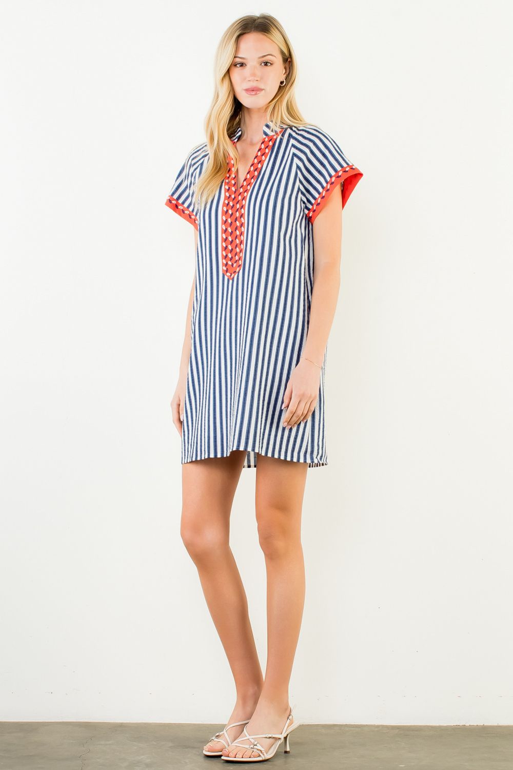 Navy Stripe Dress with Orange Contrast Placket - Artsy Abode