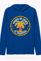 Royal blue long-sleeve hoodie tee featuring a circular “Nights of Lights St. Augustine” palm tree and star design in gold and red tones.