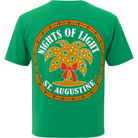 Green unisex T-shirt with a small front Nights of Lights St. Augustine emblem featuring a decorative palm tree with stars and a red bow, displayed on a clean white background.