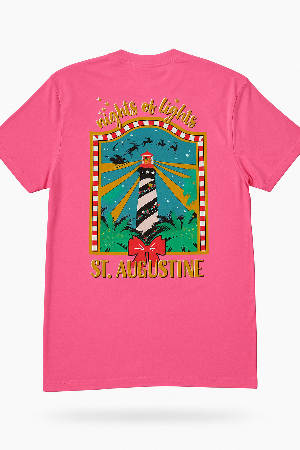 Bright pink short sleeve tee with St. Augustine lighthouse and “Nights of Lights” holiday design in gold and red accents.
