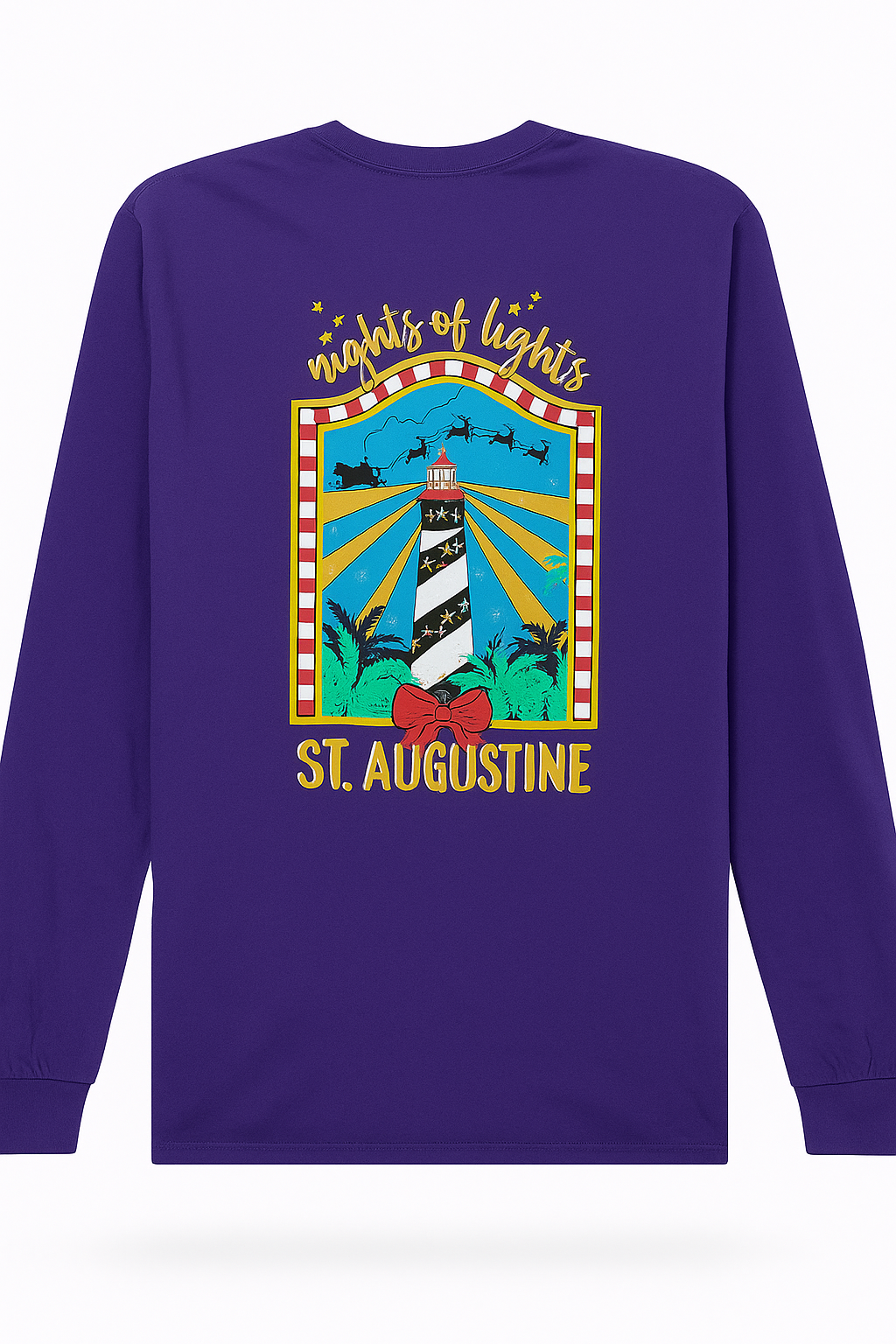 Purple long-sleeve cotton tee featuring a large festive “Nights of Lights St. Augustine” lighthouse gra