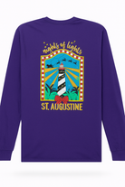 Purple long-sleeve cotton tee featuring a large festive “Nights of Lights St. Augustine” lighthouse gra