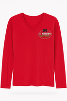 Red long-sleeve V-neck T-shirt with “St. Augustine Nights of Lights” design featuring a festive gazebo, moon, and holiday lights.
