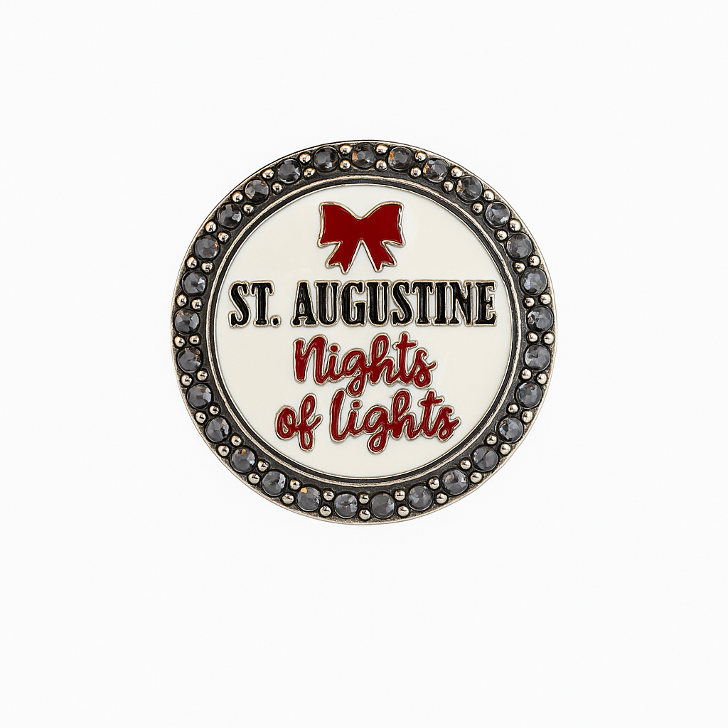 Round badge with 'St. Augustine Nights of Lights' text and red bow on a white background