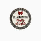 Round badge with 'St. Augustine Nights of Lights' text and red bow on a white background