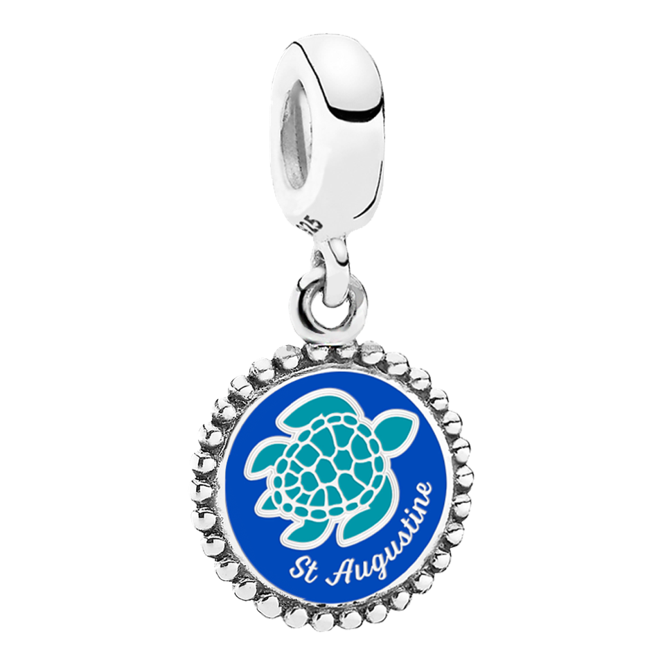Genuine Pandora custom St. Augustine Turtle Dangle Charm in sterling silver, showcasing a graceful sea turtle accented with fine detailing and “St. Augustine” engraving. A shimmering coastal keepsake available exclusively at Artsy Abode.