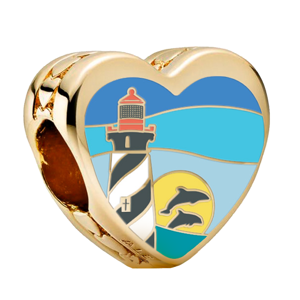 Genuine Pandora custom St. Augustine Lighthouse Charm in radiant gold, featuring intricate detailing of the historic lighthouse and elegant coastal accents. A collectible charm available exclusively at Artsy Abode in St. Augustine, Florida.