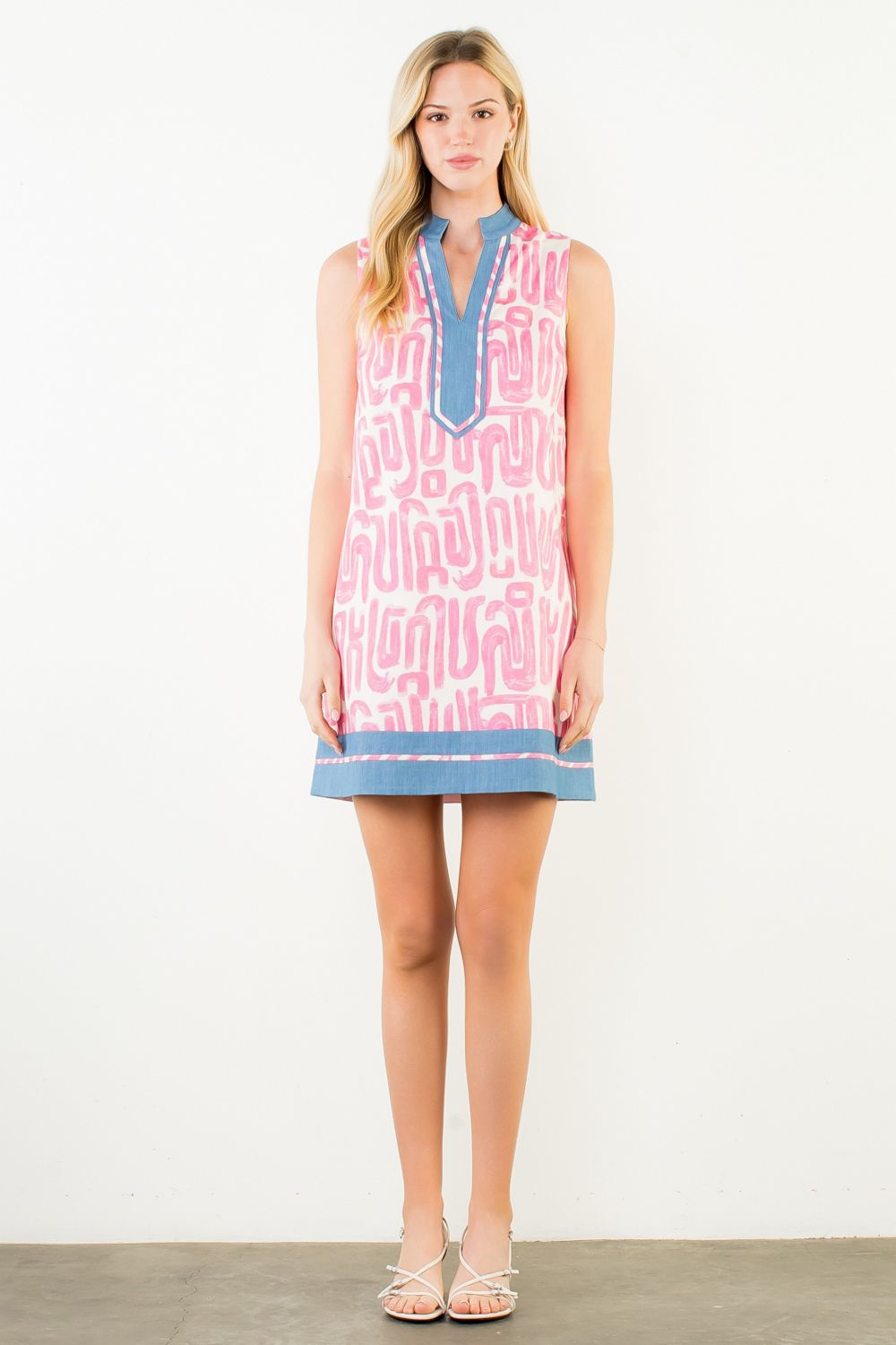 Pink Geo Print Sleeveless Split-Neck Dress with Blue Trim - Artsy Abode