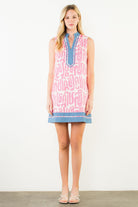 Pink Geo Print Sleeveless Split-Neck Dress with Blue Trim - Artsy Abode