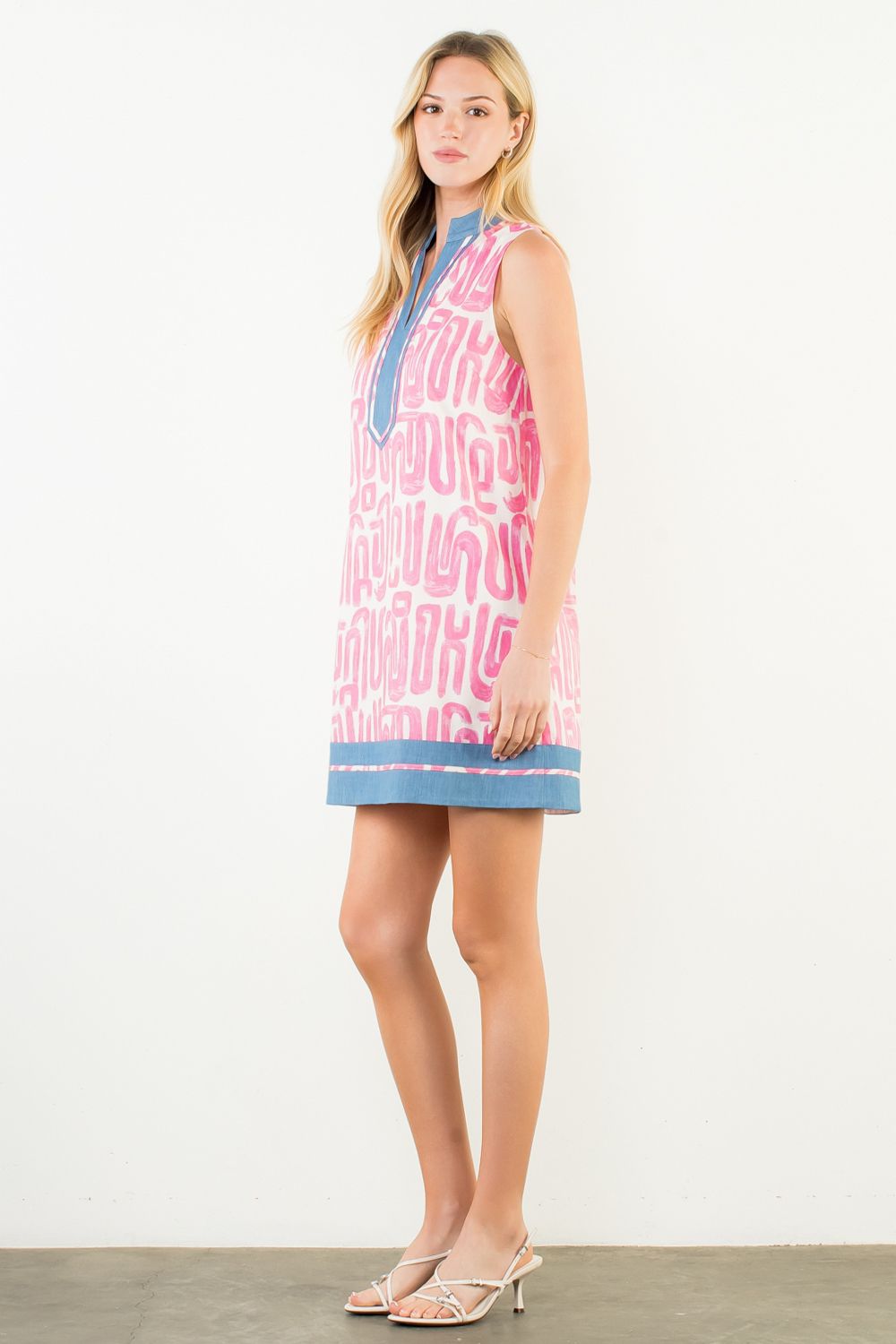 Pink Geo Print Sleeveless Split-Neck Dress with Blue Trim - Artsy Abode