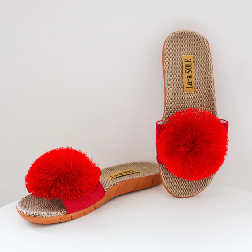 Red Pom Pom Slide Sandals with oversized pom pom and casual summer style