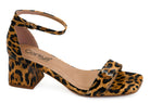Leopard print heeled sandal with an open square toe, front strap, adjustable ankle strap, closed heel back, and mid block heel.