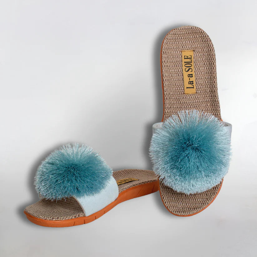 Seafoam Pom Pom Slide Sandals with fun pom pom and beach-ready comfort