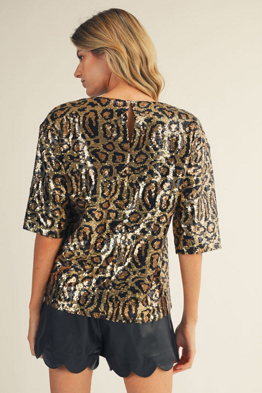 Gold and black sequin leopard print blouse with short sleeves