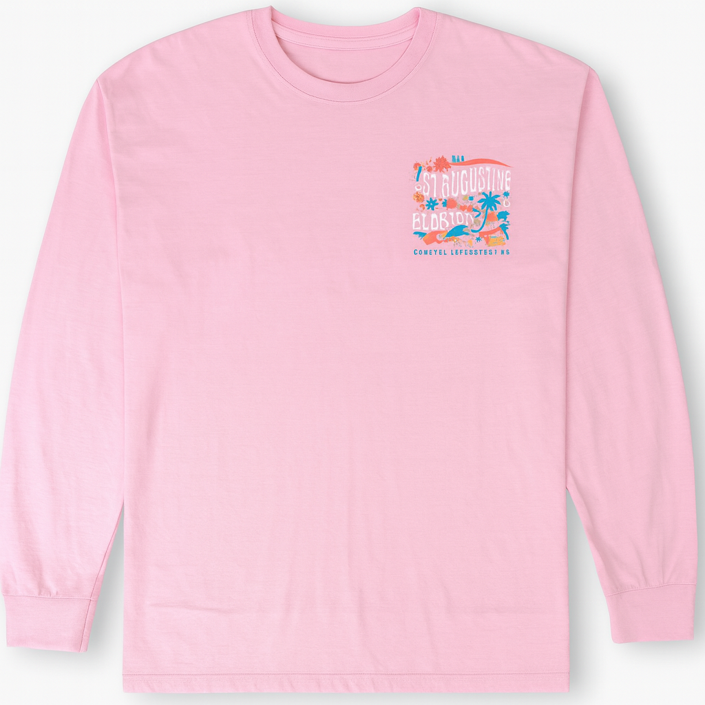St. Augustine Coastal Lifestyle pink long sleeve shirt with tropical floral and palm tree graphic print