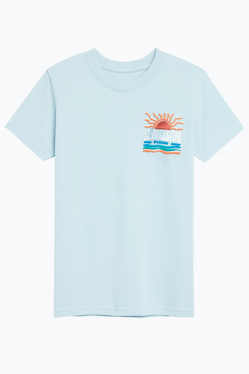 Light blue St. Augustine Florida T-shirt featuring a bold retro sun and ocean waves design in orange, teal, and white. Soft cotton fabric with vibrant raised print celebrating Florida’s coastal charm — exclusive to Artsy Abode.