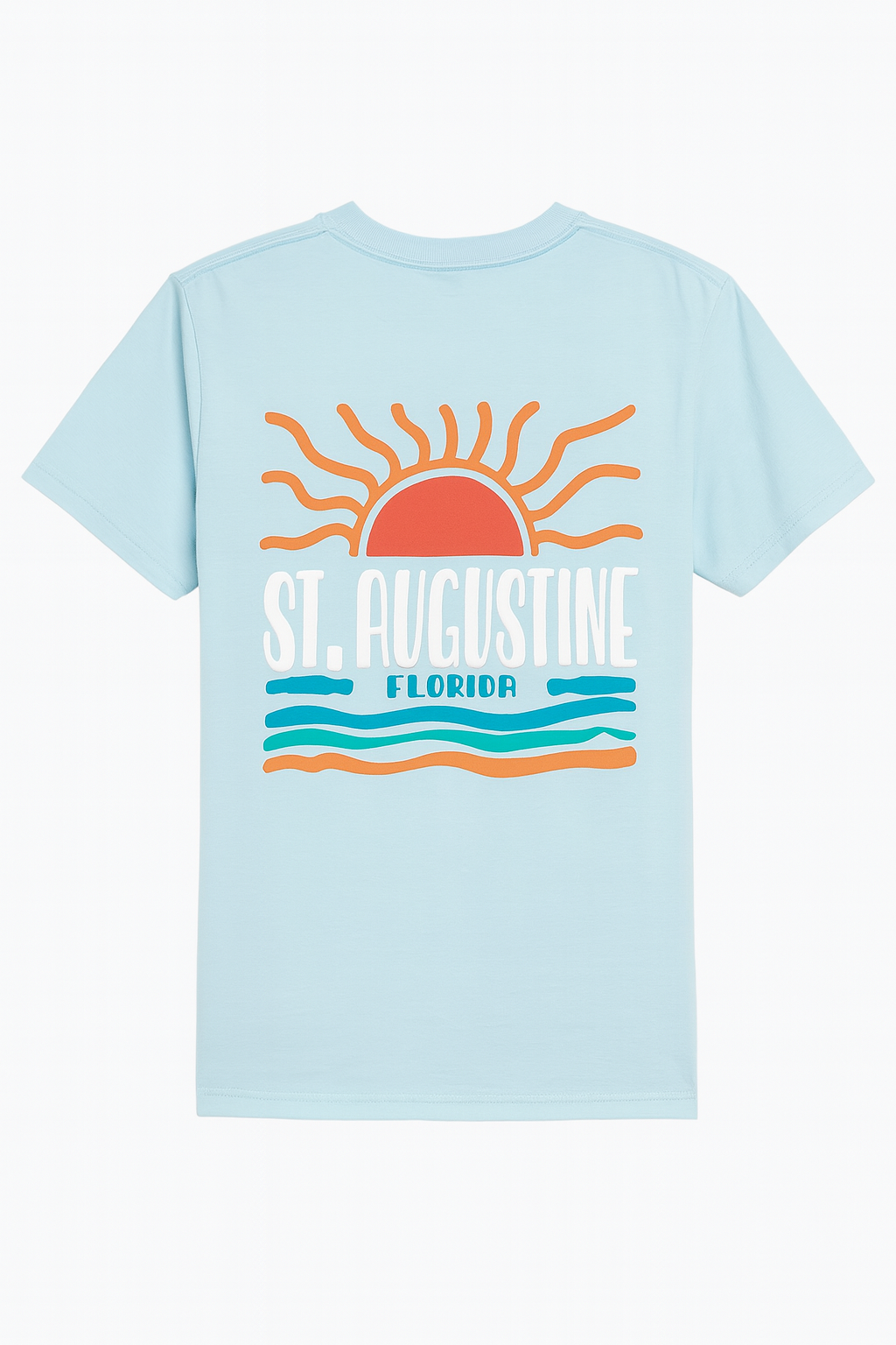 Light blue St. Augustine Florida T-shirt featuring a bold retro sun and ocean waves design in orange, teal, and white. Soft cotton fabric with vibrant raised print celebrating Florida’s coastal charm — exclusive to Artsy Abode.