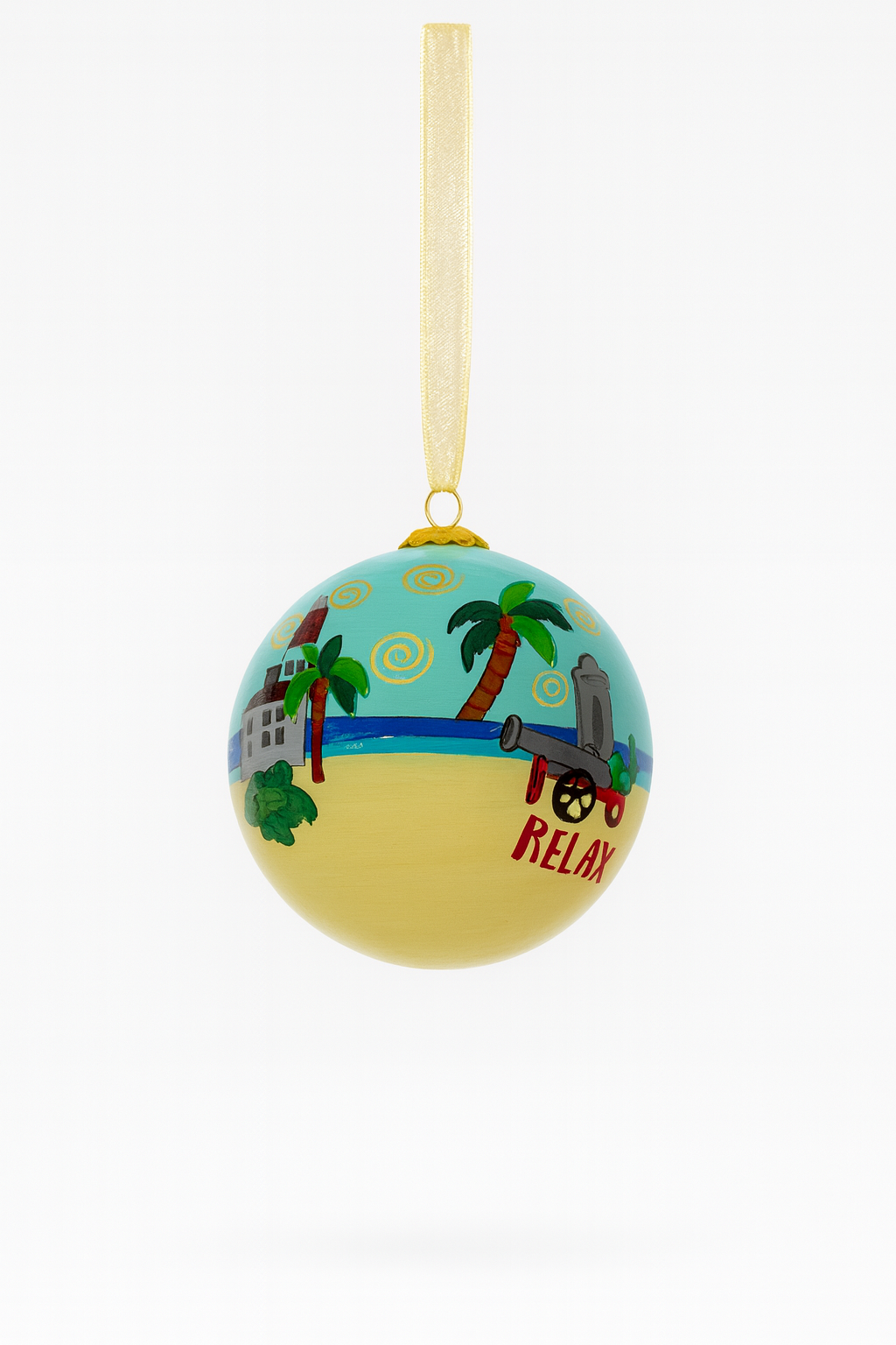 Decorative beach-themed ornament with palm trees and 'Relax' text on a white background
