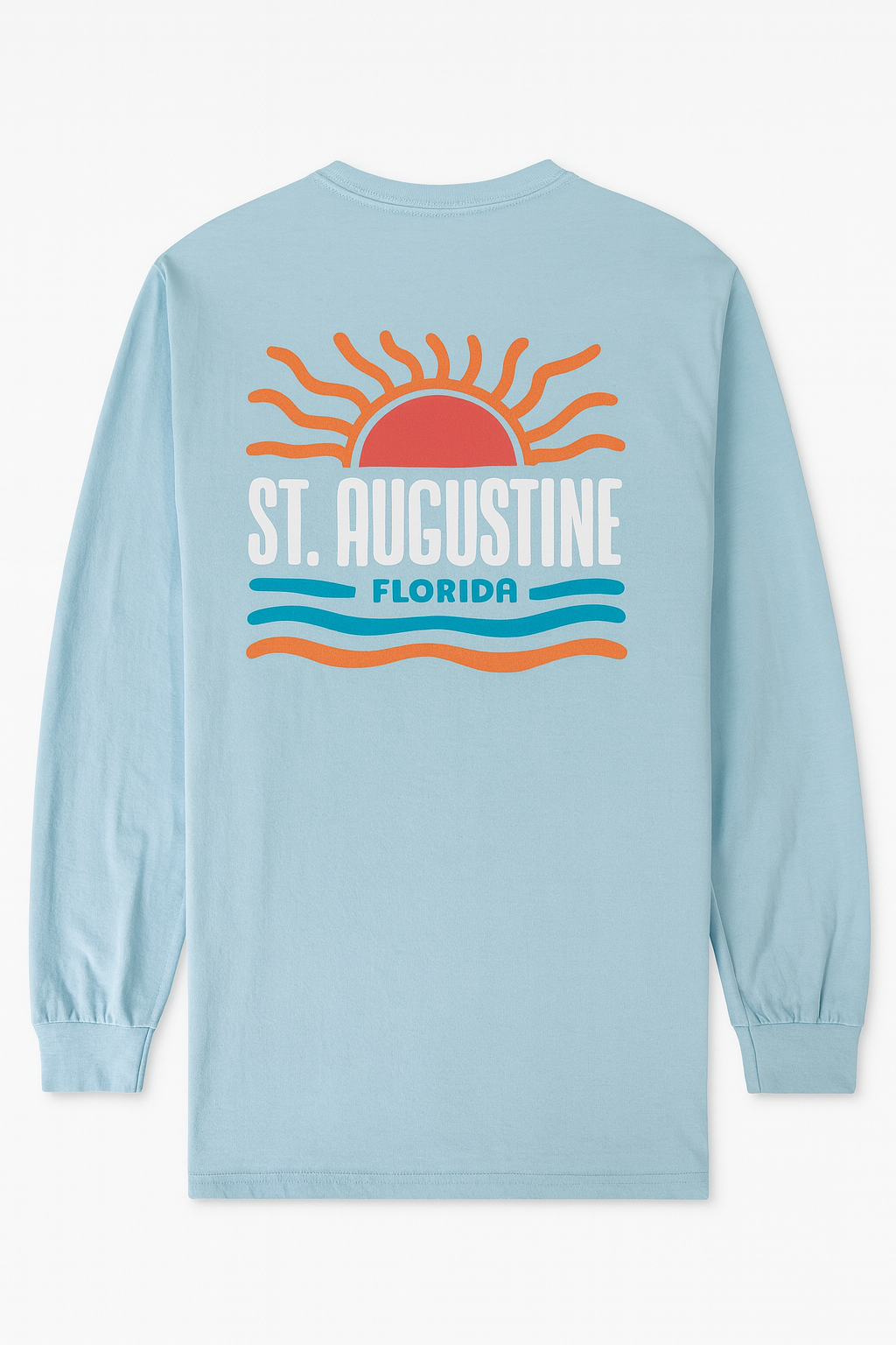 Light blue cotton long sleeve shirt with raised puffy decal design featuring a sunrise, waves, and bold St. Augustine Florida text.