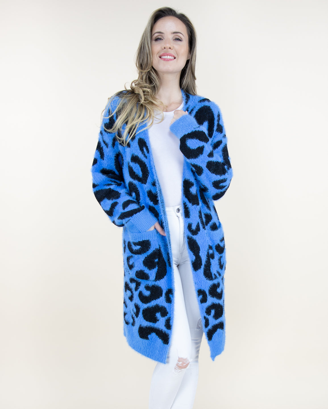 Long Sleeve Cardigan Blue Leopard - Artsy Abode